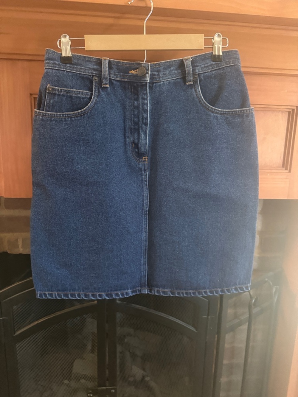 VTG 90s Bill Blass Knee Length Fitted High Rise Dark Blue Denim Mini Skirt 10